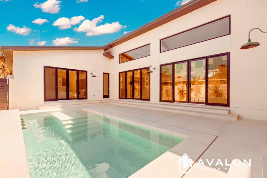 Best Neighborhoods in St Petersburg FL for 2026 Local Realtor’s Updated Guide Live Oaks Neighborhood picture shows a Modern Japandi pool courtyard at one of Live oak's newest builds.