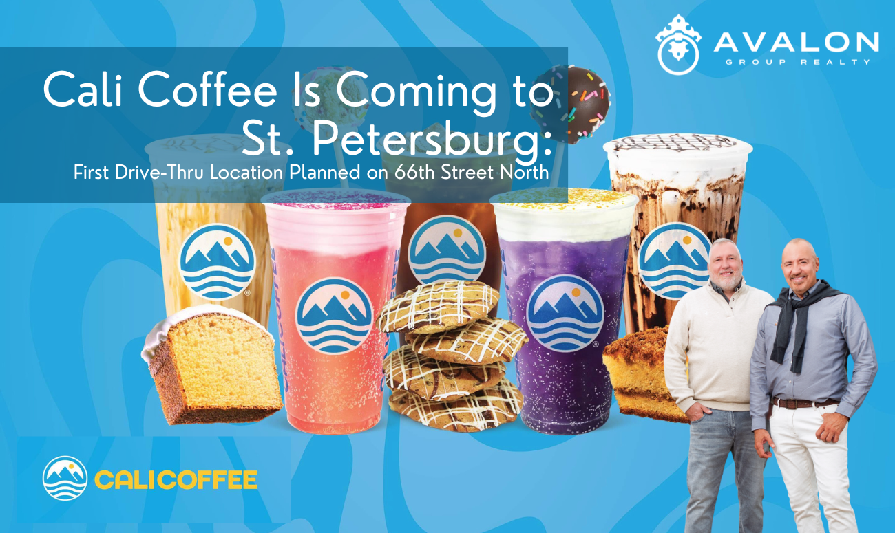 Cali Coffee Is Coming to St. Petersburg First Drive-Thru Location Planned on 66th Street North cover picture shows 5 drinks and snacks that are available at Cali Coffee.