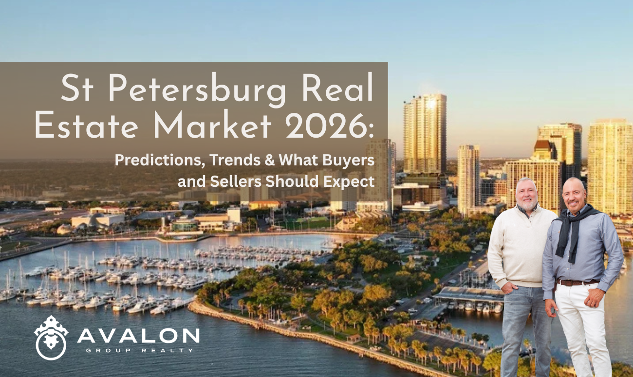St Petersburg Real Estate Market 2026 Predictions, Trends & What Buyers and Sellers Should Expect cover picture shows a ariel view of St Petersburg Skyline with the future Waldorf Astoria Tower inserted.