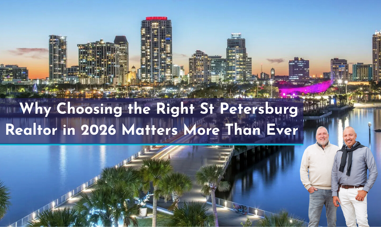 Why Choosing the Right St Petersburg Realtor in 2026 Matters More Than Ever cover picture shows a ariel view of the St Petersburg skyline at dusk.