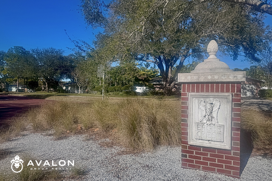 Eagle Crest neighborhood entrance sign in St. Petersburg Florida, a quiet residential community known for safety and mature oak trees