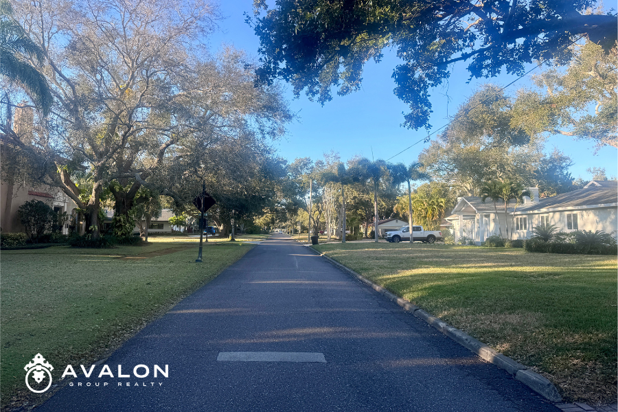 Tree-lined residential street in Jungle Prada neighborhood, St. Petersburg FL, showcasing mature oak trees and quiet, well-maintained homes.