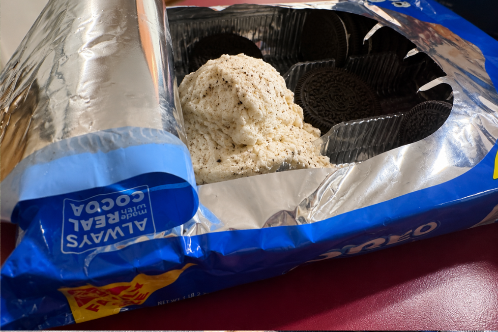 Pile of leftover Oreo cream filling inside an Oreo package during filming of HGTV House Hunters “A Bear of a House Hunt” in Lakewood Ranch after one of the homebuyers repeatedly ate only the cookie portions.