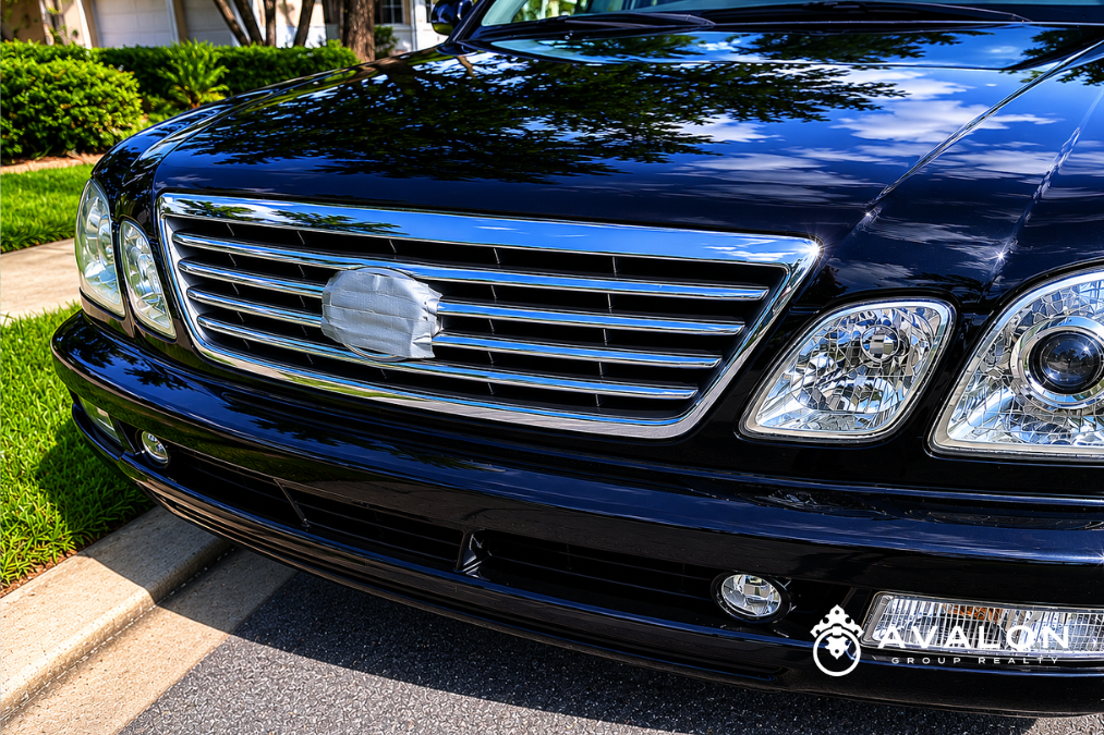 Front grille of a black Lexus with the Lexus emblem covered in gray duct tape during filming of HGTV House Hunters “A Bear of a House Hunt” in Lakewood Ranch to hide vehicle branding for television production.
