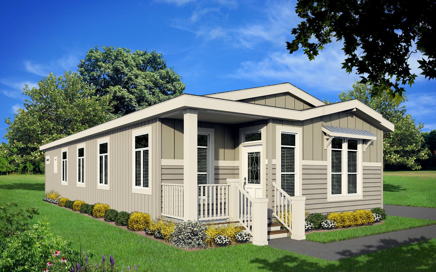 Manufactured home on a fixed foundation.