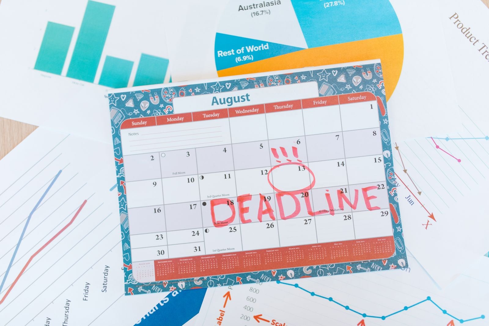Desk calendar with a date circled and the word DEADLINE written across it in red