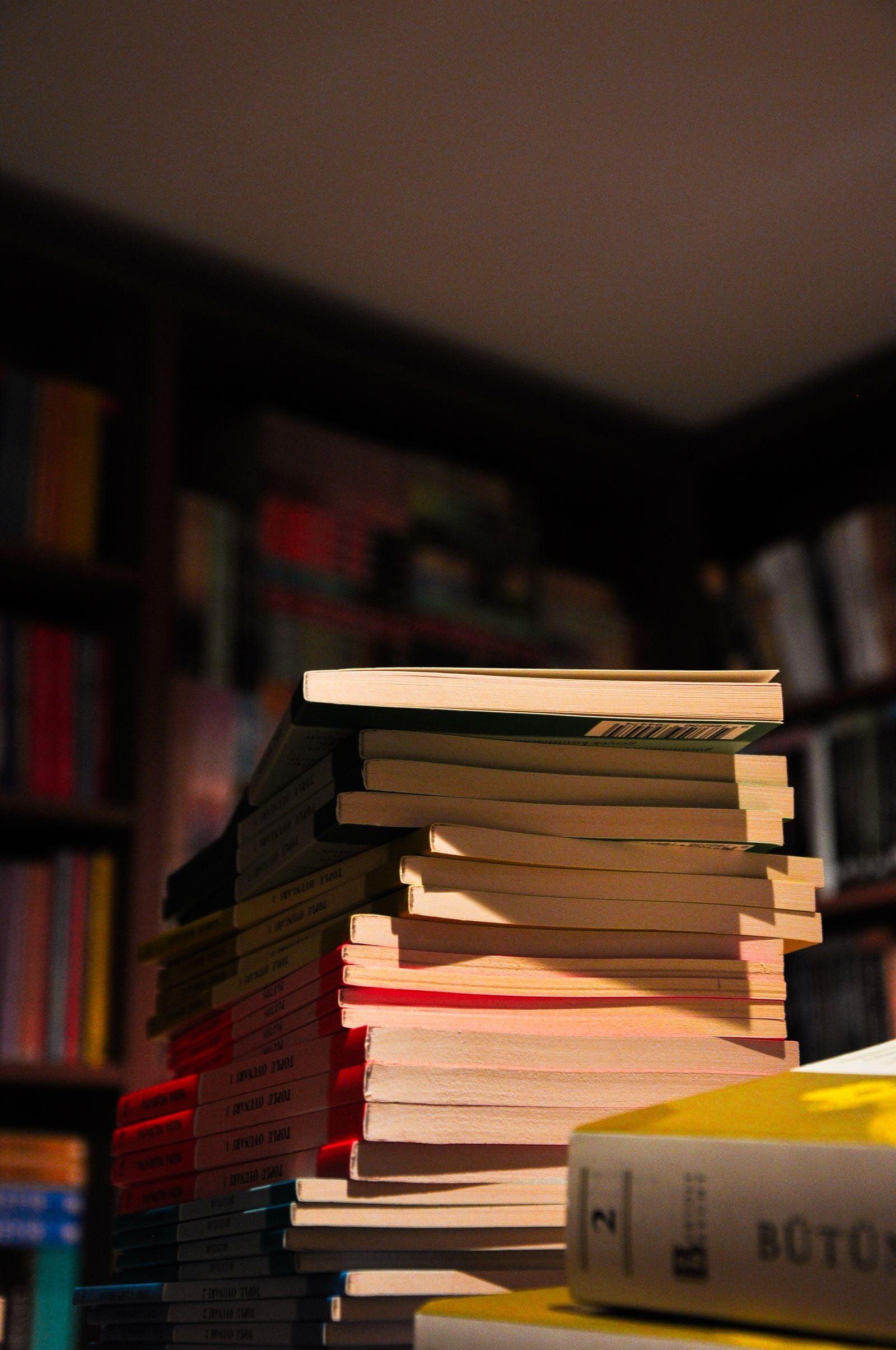 Stack of books in a cozy library setting
