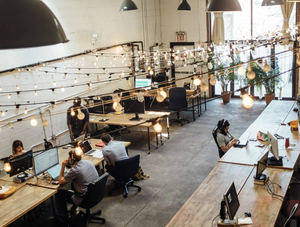 Modern coworking office space inside The Iron District mixed-use development in Charlotte NC.