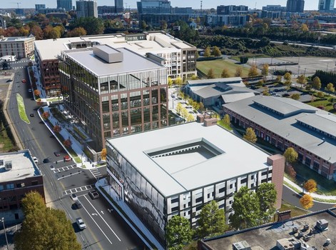 Aerial rendering of The Iron District mixed-use development in Charlotte North Carolina.
