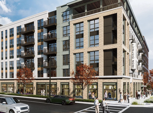 Iron District Charlotte streetscape rendering showing mixed-use development between Uptown and South End.