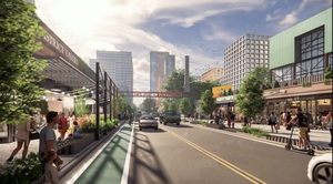 Walkable main street with restaurants and shops at The Iron District Charlotte development.