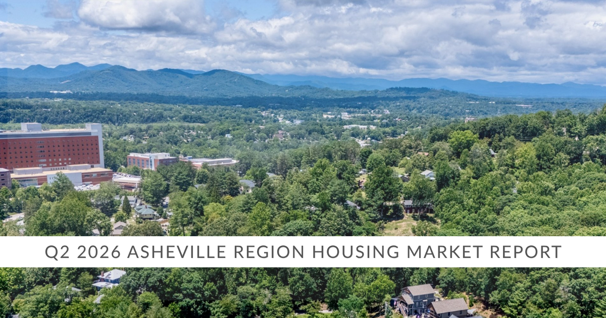 A drone image of the Kenilworth area of Asheville with a view of the Blue Ridge Mountains