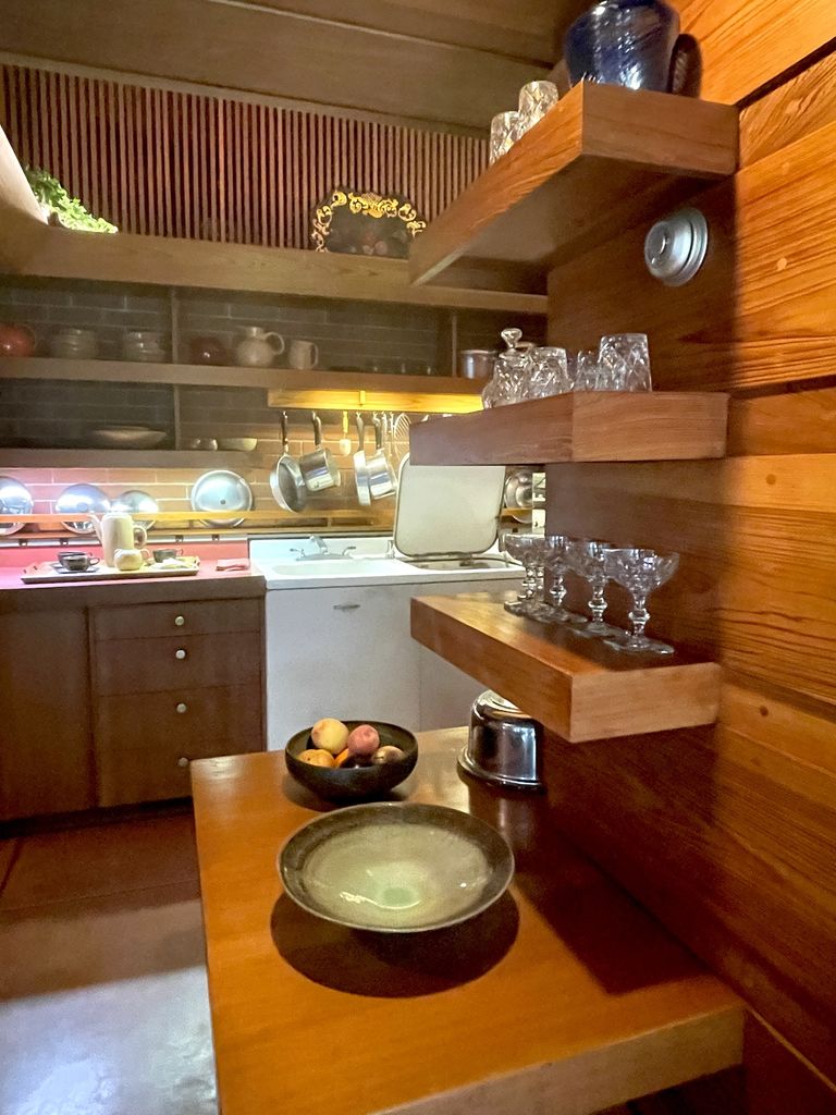 Frank Lloyd Wright Zimmerman house kitchen with Heath Ceramics and floating shelves