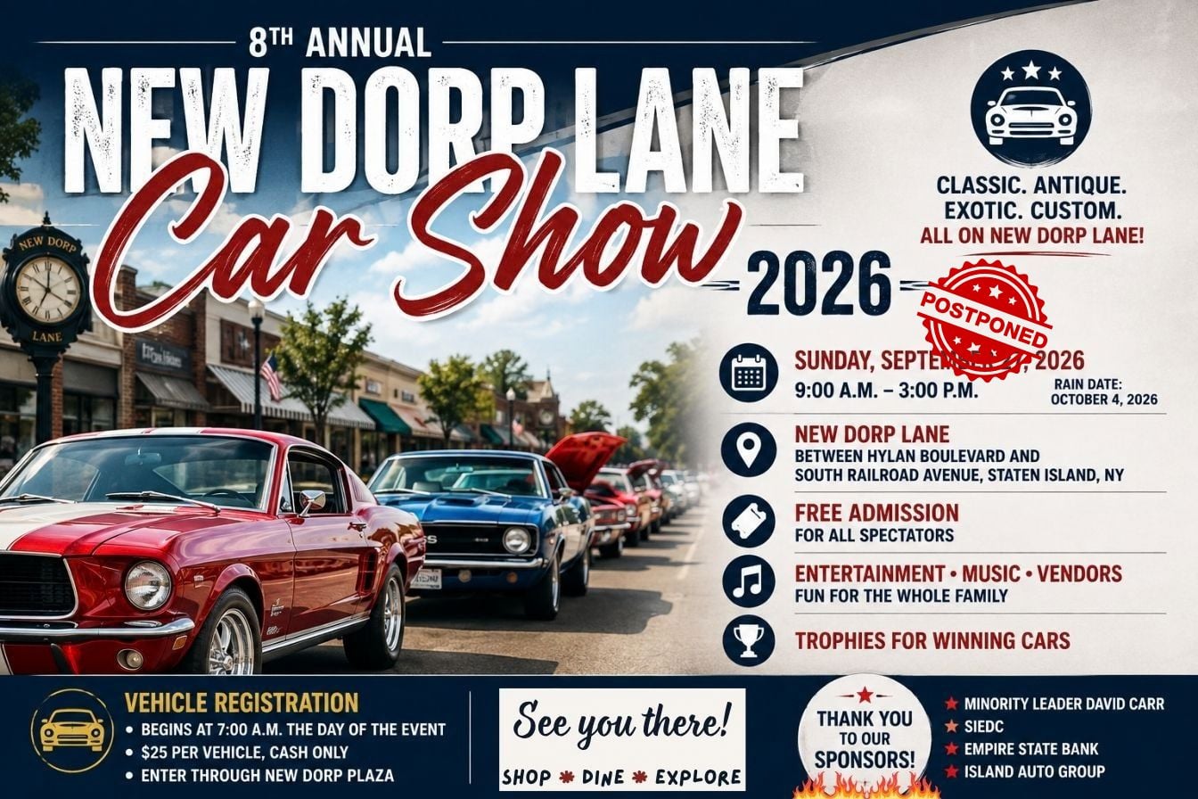 New Dorp Lane District Car Show rescheduled to October 4, 2026, featuring classic, antique, exotic and custom cars in Staten Island.