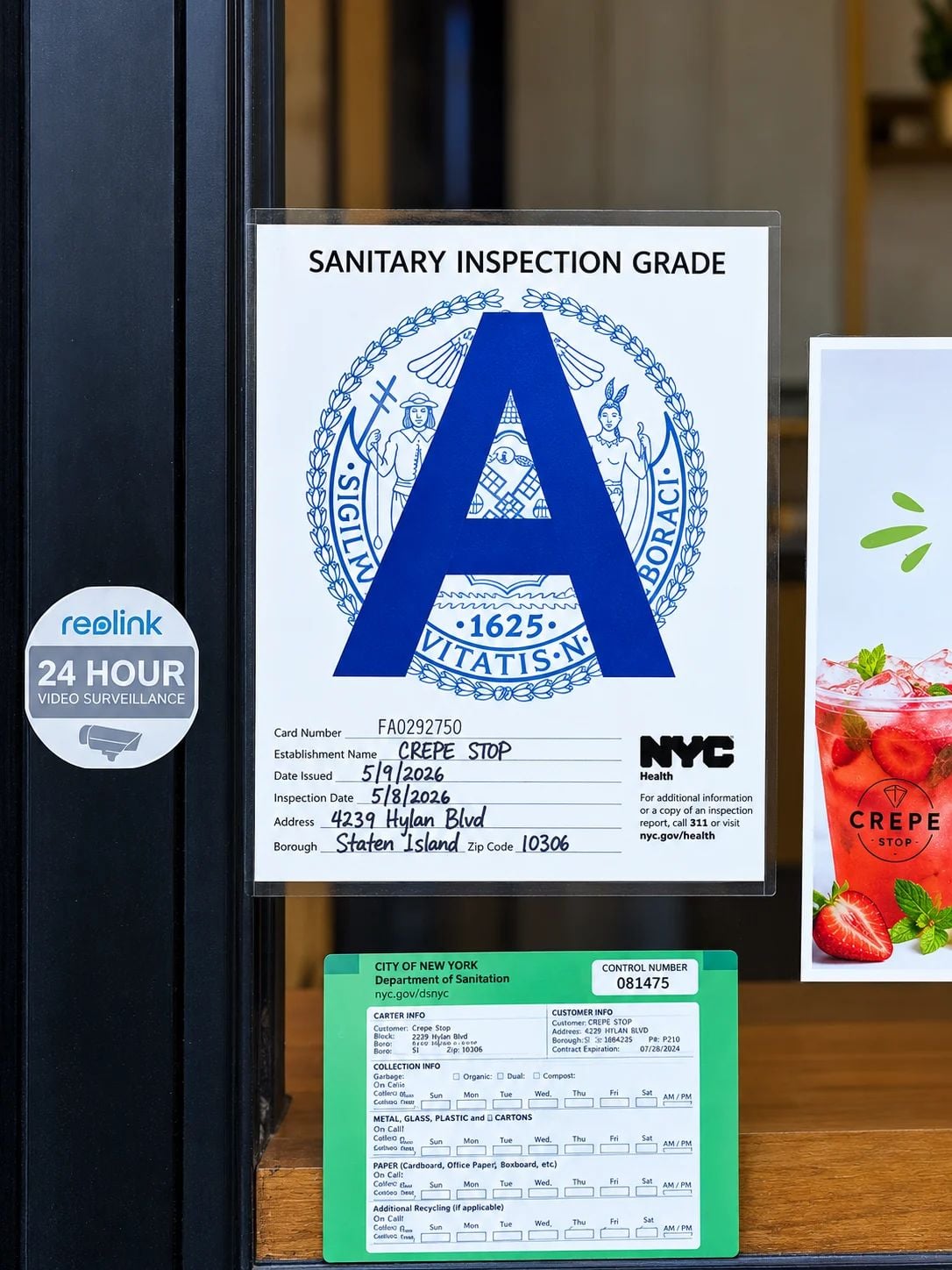 Photograph of a New York City Department of Health Grade A inspection notice displayed at Crepe Stop