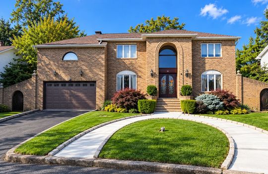 Elegant Staten Island brick home featuring a dramatic two-story entryway, decorative double doors, manicured landscaping, and attached garage.