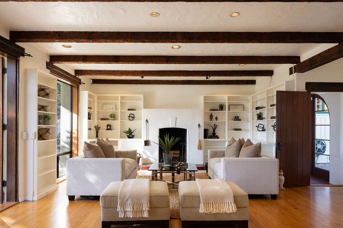 Beamed-ceiling living room at Torres 2 SE of 10th, Carmel-by-the-Sea