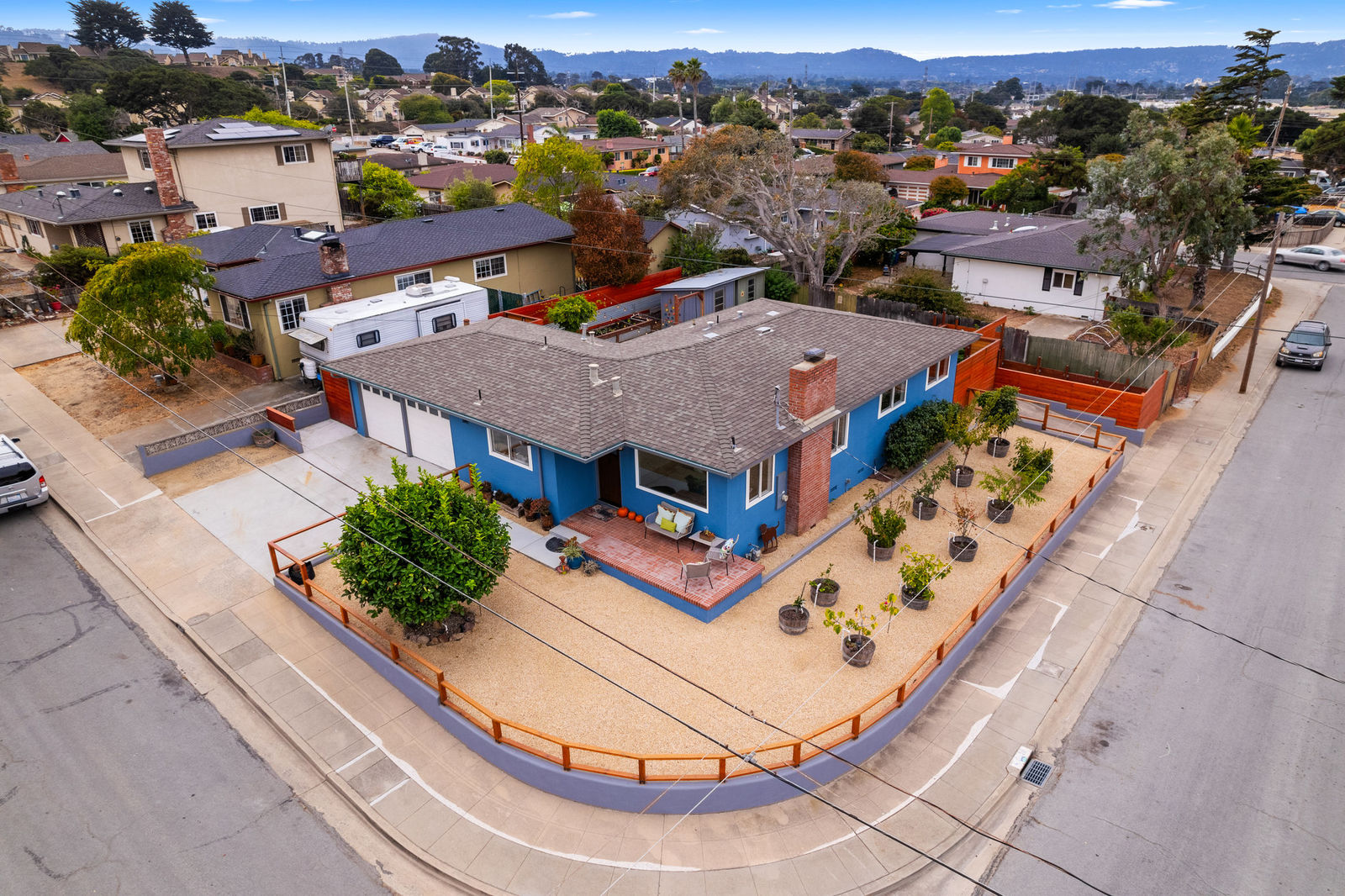 Aerial view of 1149 Modoc Street on its corner lot in Seaside