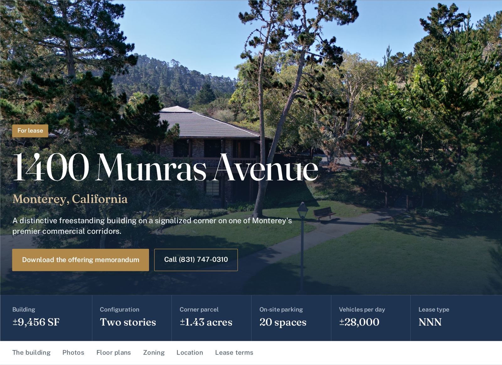 Screenshot of the 1400 Munras Avenue property website: hero photo of the building with key facts below