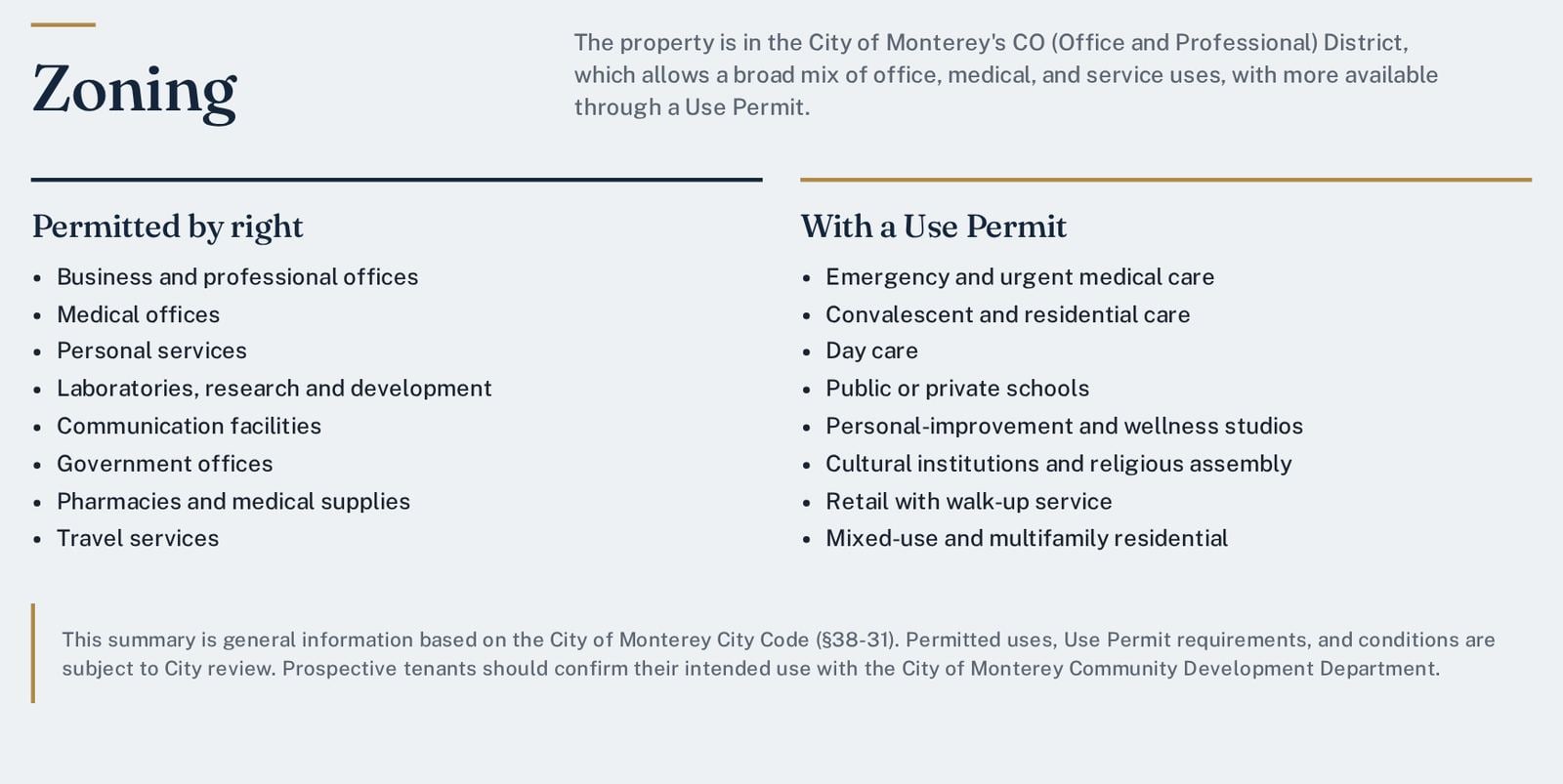 Screenshot of the 1400 Munras zoning section listing uses permitted by right and with a Use Permit
