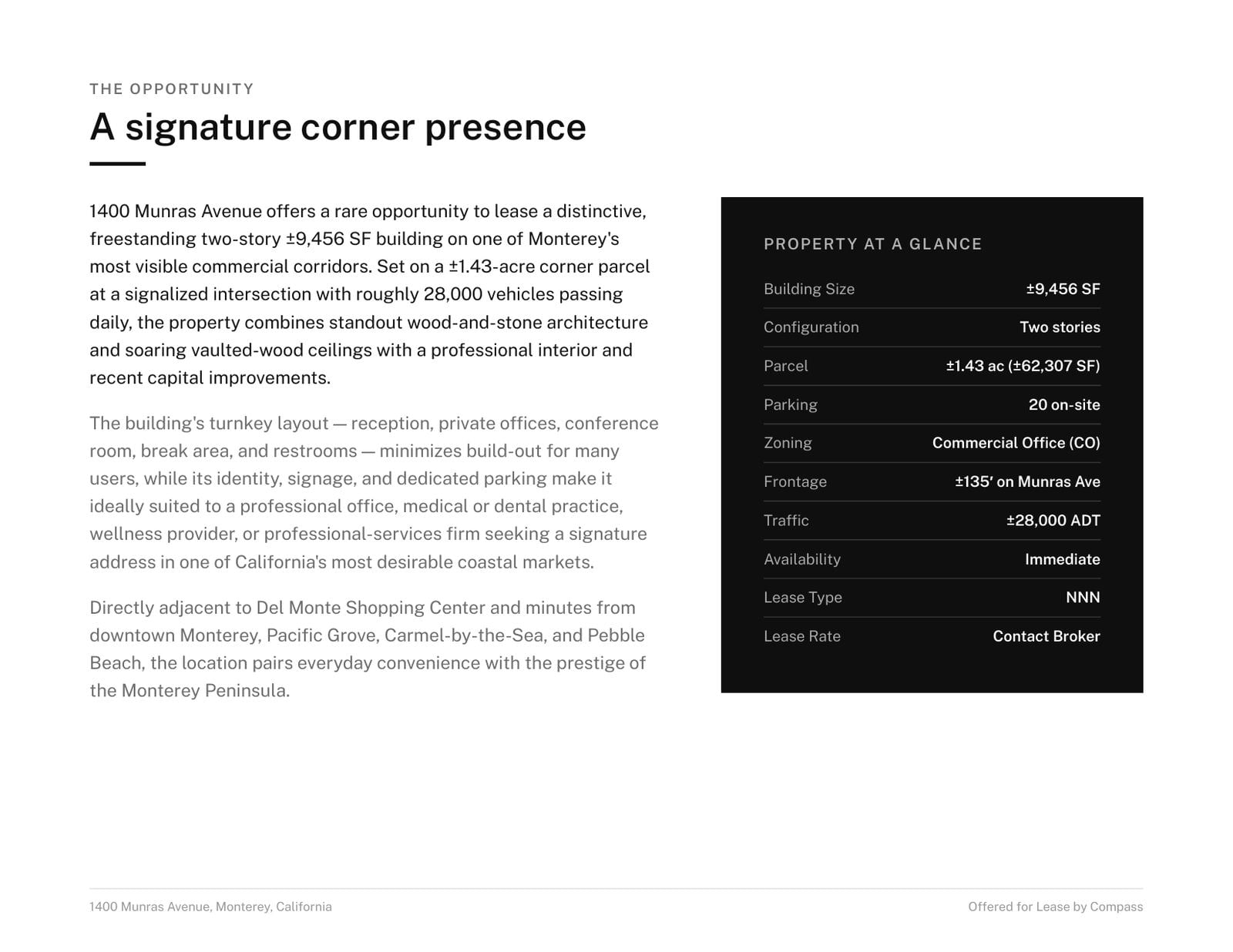 Offering memorandum page: The Opportunity, with property-at-a-glance table
