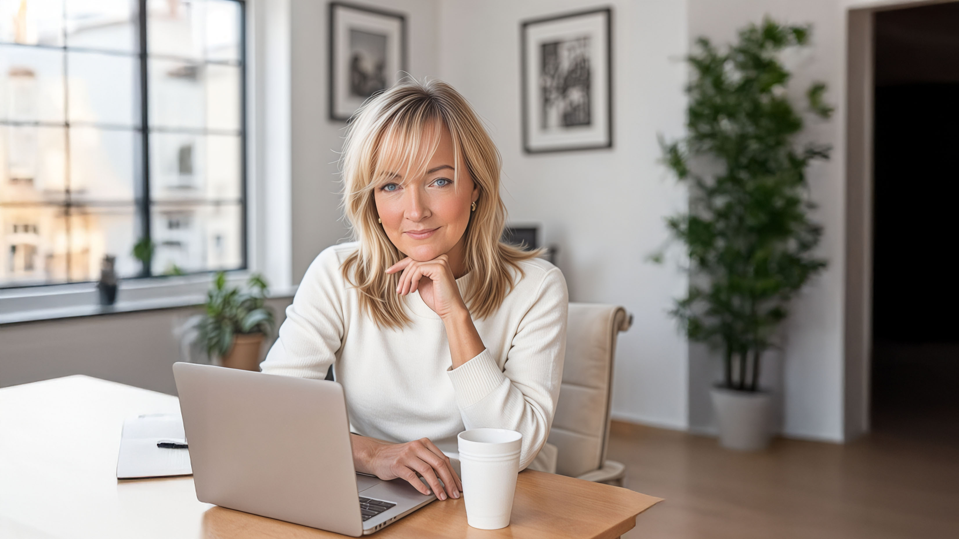 JAS White Sweater Laptop, Office with Tree in Background