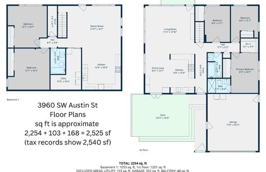 3960 SW Austin St Floor Plans Sq Ft is approximate 2,254 + 103 + 168 = 2,525 sf (tax records show 2,540 sf)