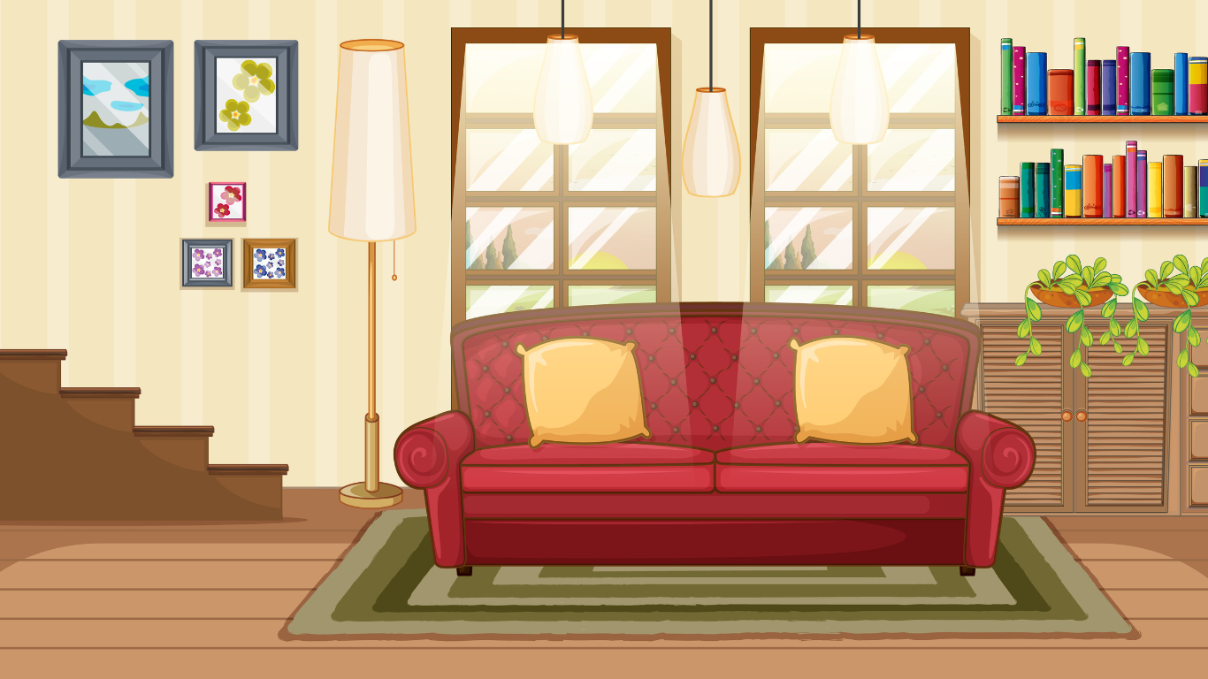 Computer graphic design of a living room with couch, rug and lamp centered in front of 2 windows and hardwood floors