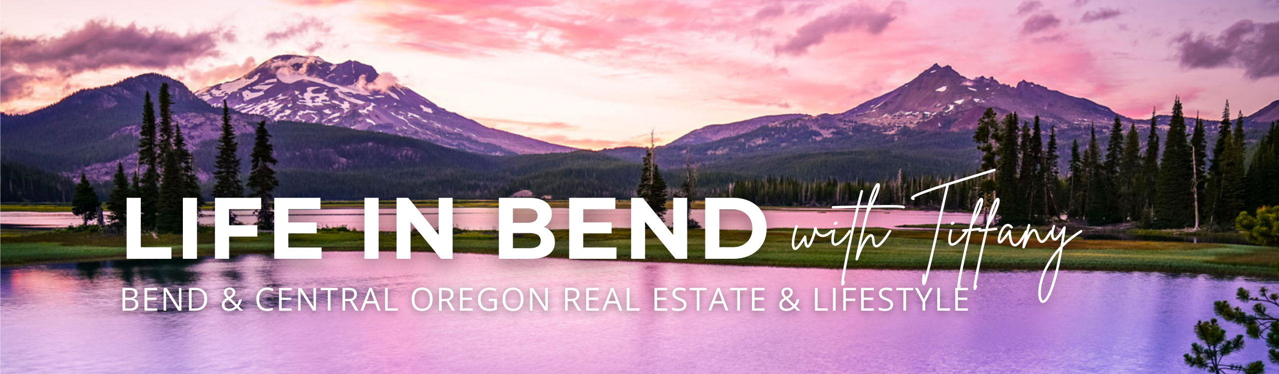 Banner for Tiffany Vasquez Real Estate - Panoramic view of Bend, Oregon with highlighted real estate areas, showcasing a blend of luxury, family-friendly, and luxury properties