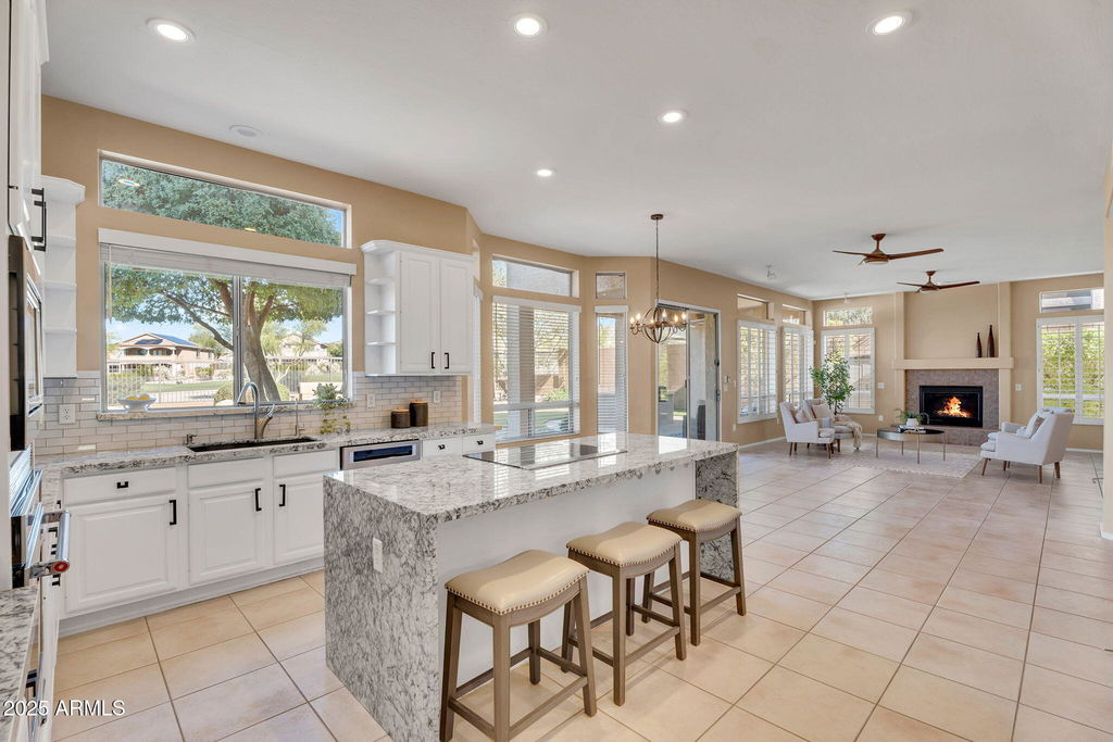 Kitchen with quartz waterfall island