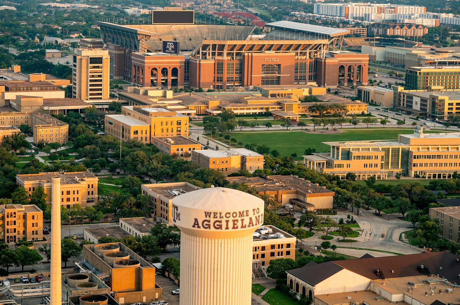 aerial-tamu-water-tower-sunset