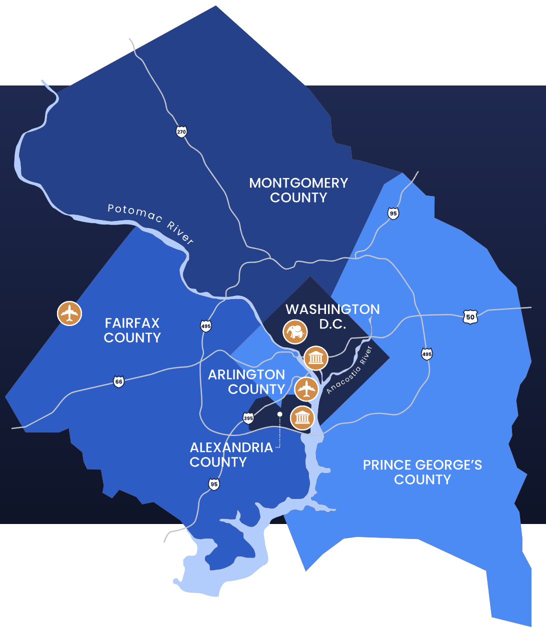 Graphic - A map dividing the metropolitan counties of DC, MD, and VA