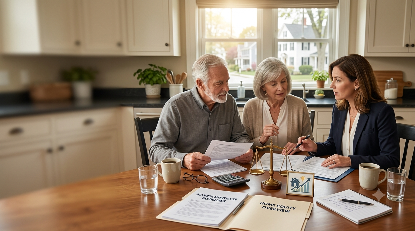 Older couple reviewing reverse mortgage guidelines and a home equity overview with an advisor at a kitchen table in Rhode Island.