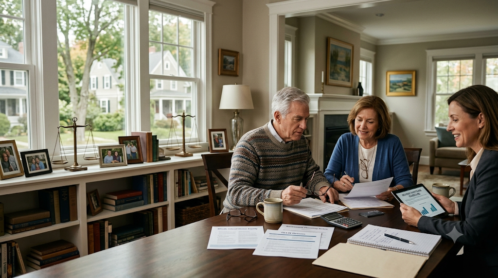 Older couple reviewing reverse mortgage and home equity documents with an advisor at a table in a Rhode Island home.