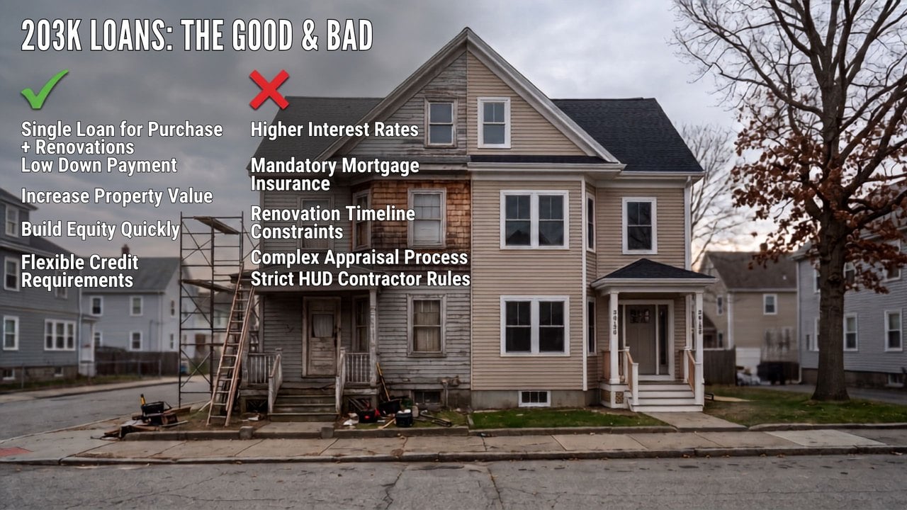 FHA 203(k) loan pros and cons listed over a Rhode Island multi-family home mid-renovation, half restored and half original