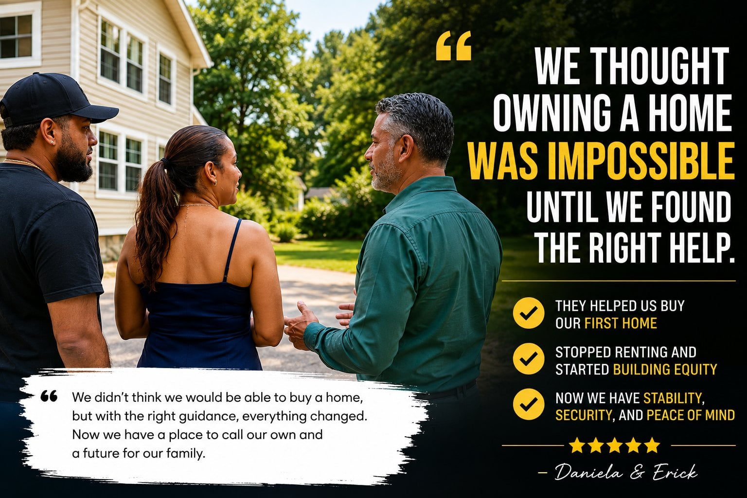 Daniela and Erick talking with REALTOR Alexander Parmenidez outside the first home they bought in Woonsocket, Rhode Island, with their testimonial about buying their first home