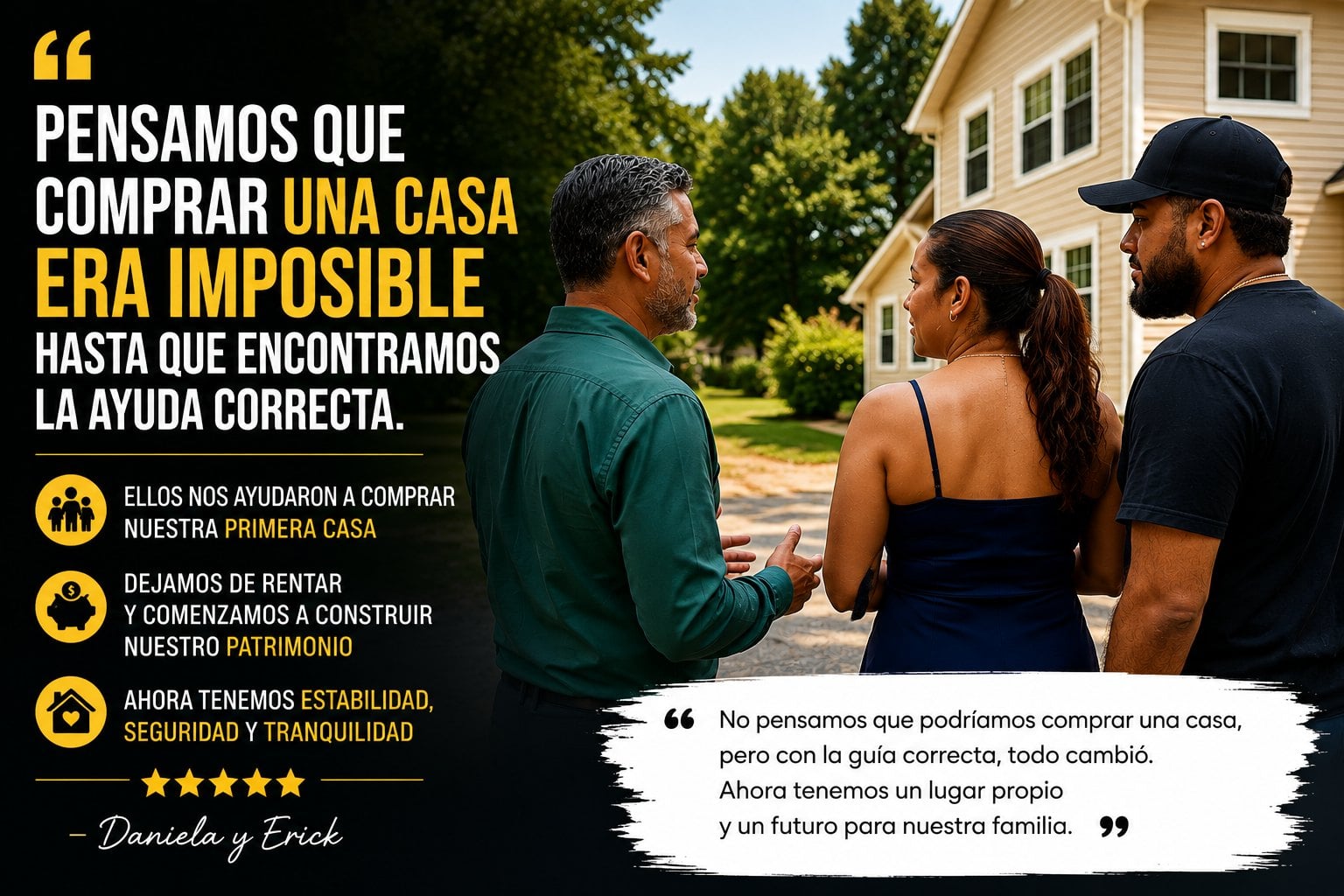 Daniela y Erick conversando con el REALTOR Alexander Parmenidez frente a la primera casa que compraron en Woonsocket, Rhode Island, con su testimonio sobre comprar su primera casa