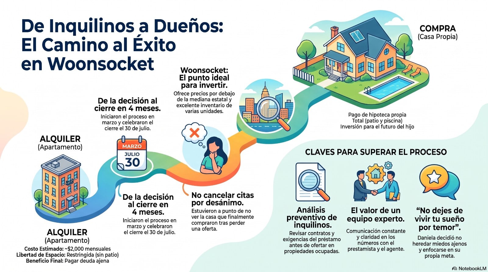 Infografía: de inquilinos a dueños, el camino a la primera casa en Woonsocket, Rhode Island con Alexander Parmenidez — del alquiler de unos $2,000 mensuales sin patio, a la decisión en marzo y el cierre el 30 de julio, no cancelar citas por desánimo, Woonsocket con precios por debajo de la mediana estatal e inventario de varias unidades, y las claves del proceso: análisis previo de inquilinos, un equipo con comunicación clara, y no dejar de vivir tu sueño por temor