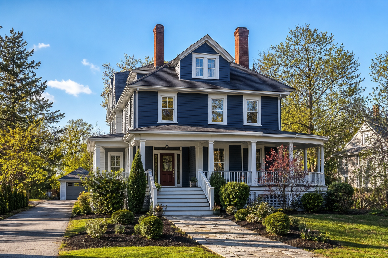 Historic New England home in Rhode Island with front porch and autumn trees