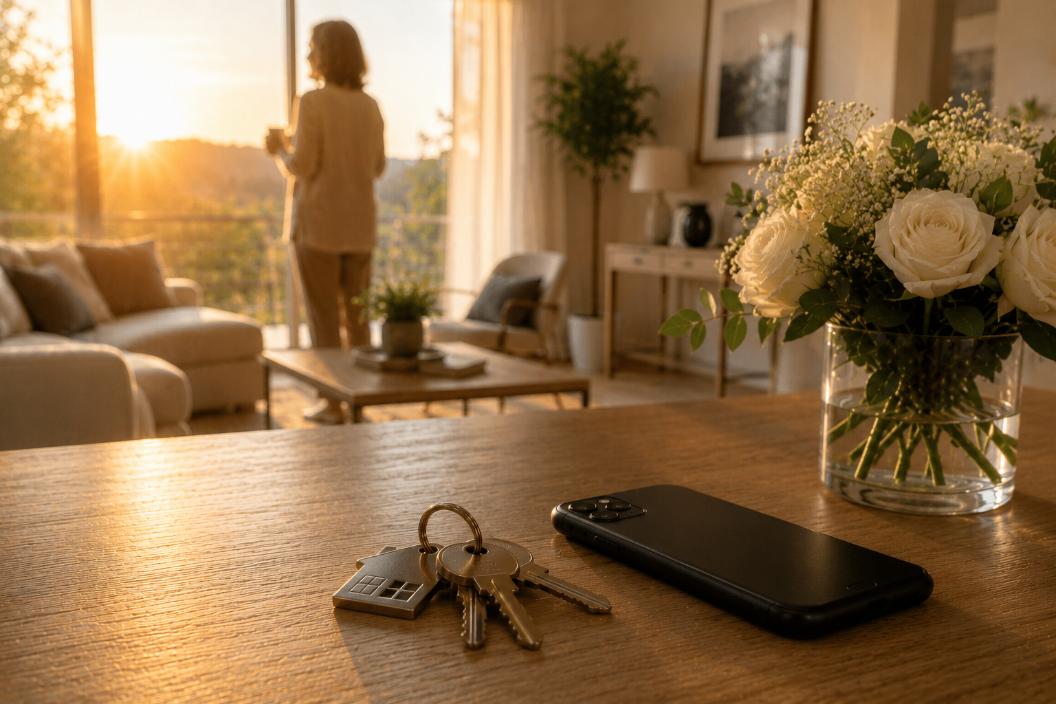 A woman watches the sunset by the window; on the table, white roses, house keys and a phone — time, home, and the conversations that matter. The Living Elevated series by Alexander Parmenidez.