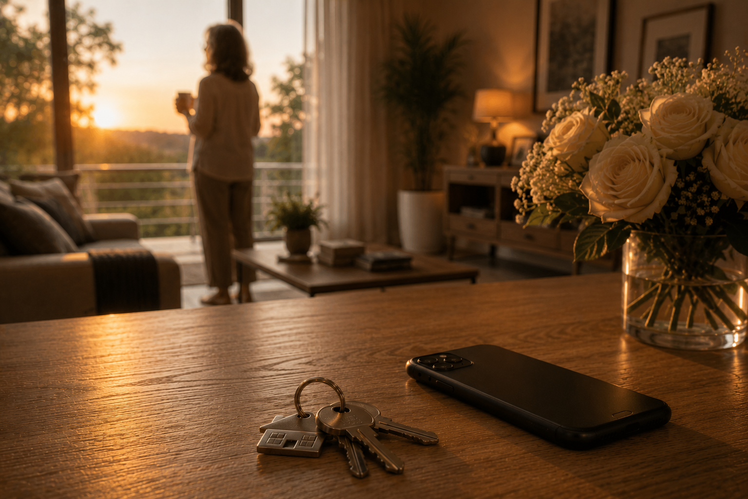 Una mujer contempla el atardecer junto a la ventana; en la mesa, rosas blancas, llaves de casa y un teléfono — el tiempo, el hogar y las conversaciones que importan. Serie Living Elevated de Alexander Parmenidez.