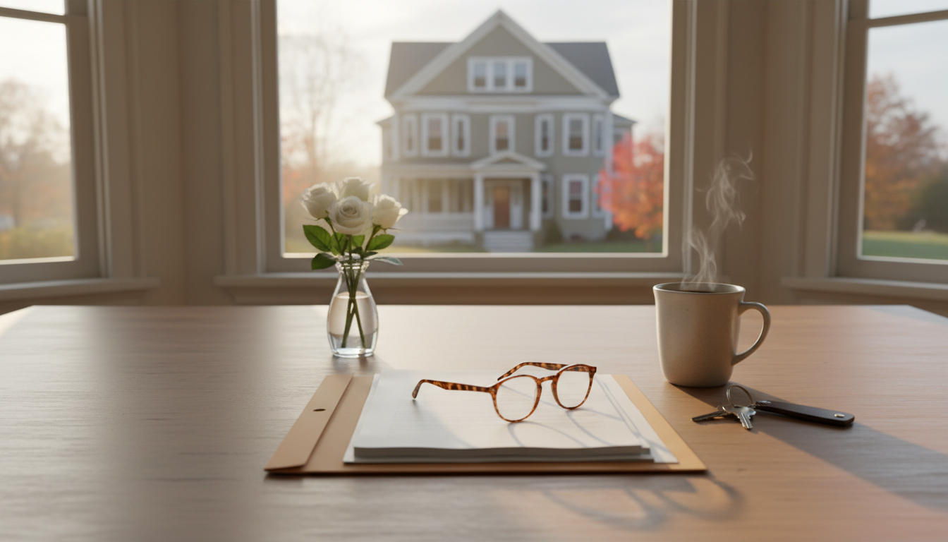 Mesa de cocina con una carpeta de documentos, lentes de lectura, llaves de casa, café y rosas blancas; al fondo, una casa multifamily de Nueva Inglaterra. Serie Living Elevated de Alexander Parmenidez.