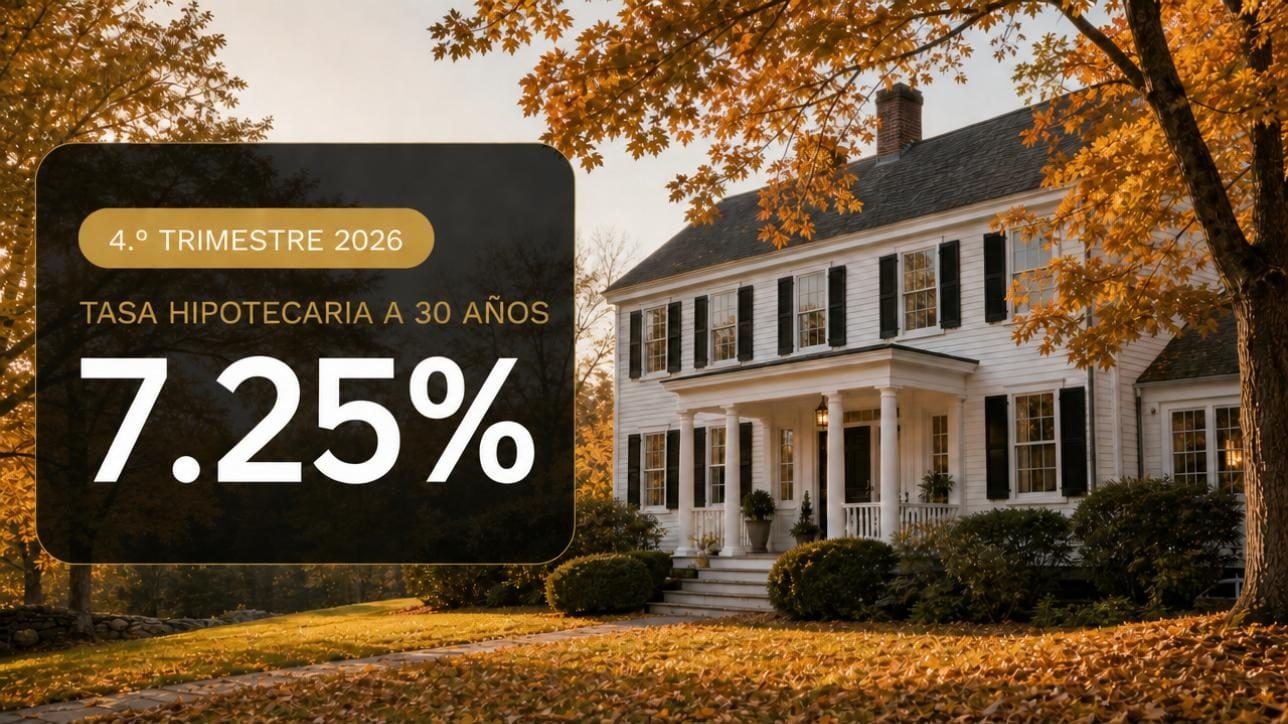 Casa colonial blanca de Nueva Inglaterra en otoño con un panel que dice 4.º trimestre 2026, tasa hipotecaria a 30 años 7.25%