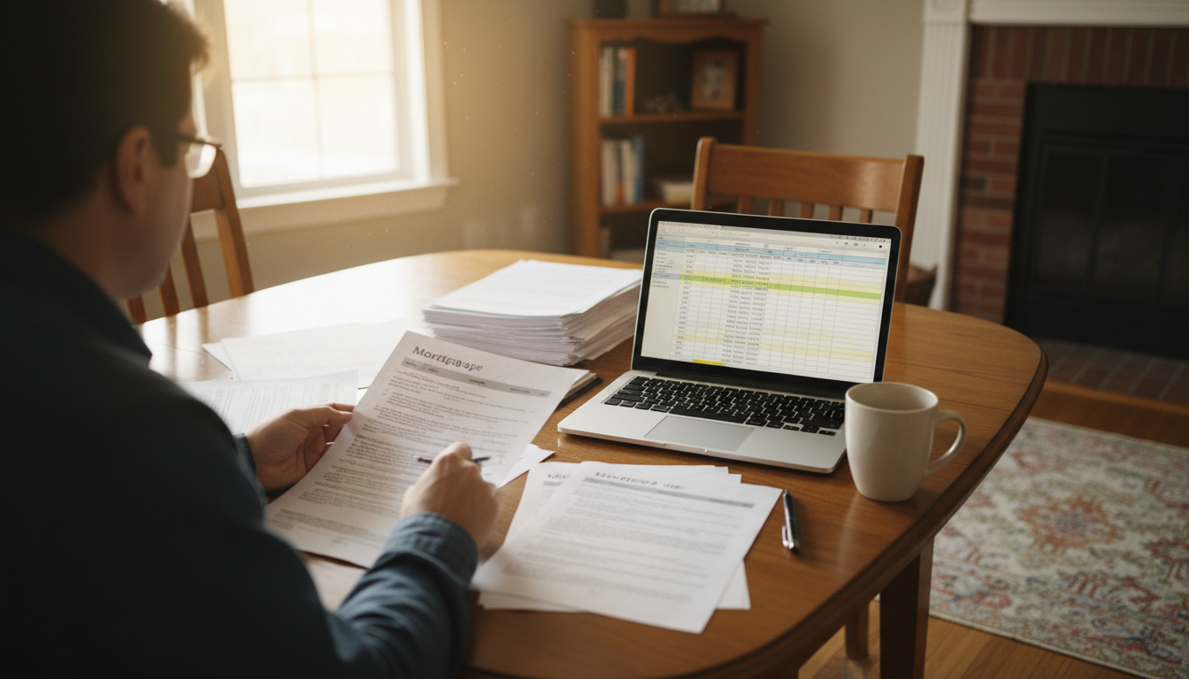 Buyer reviewing documented mortgage pre-approval paperwork and a budget spreadsheet at a dining table