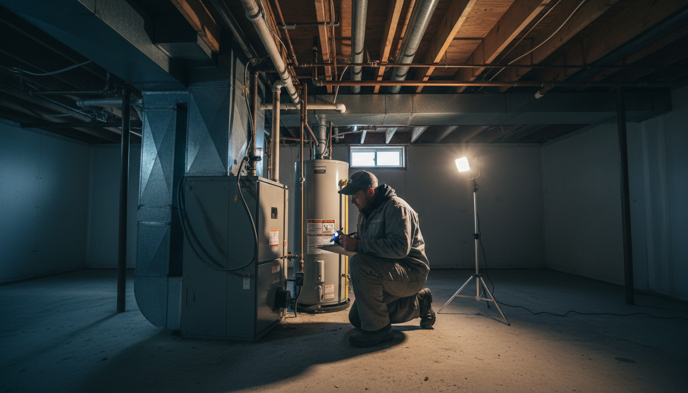Home inspector examining a furnace and water heater in a Rhode Island basement