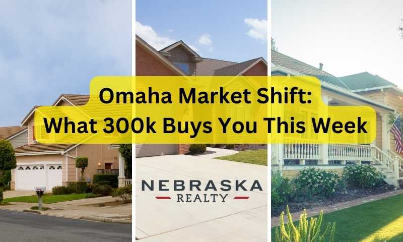 Collage of three Omaha homes representing a market shift in 2025, showing a range of home styles priced around $300K. Banner text reads: ‘Omaha Market Shift: What 300K Buys You This Week’ with Nebraska Realty branding.