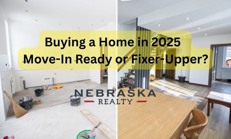 Side-by-side comparison of a modern move-in ready home and a fixer-upper under renovation, illustrating buyer choices in the 2025 real estate market