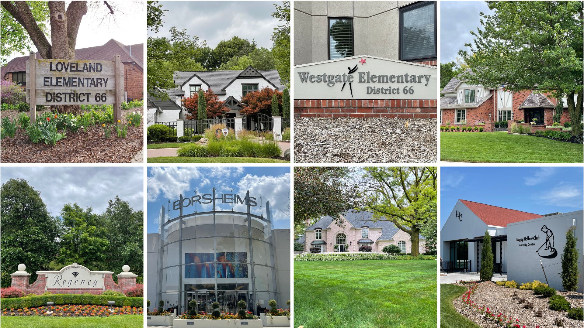 Collage of District 66 Omaha landmarks and homes including Loveland Elementary, Westgate Elementary, Regency, Borsheims, and Happy Hollow Country Club in the Westside Community Schools boundary.