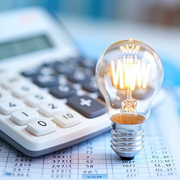 Above the electricity bill is a calculator and a light bulb, rep