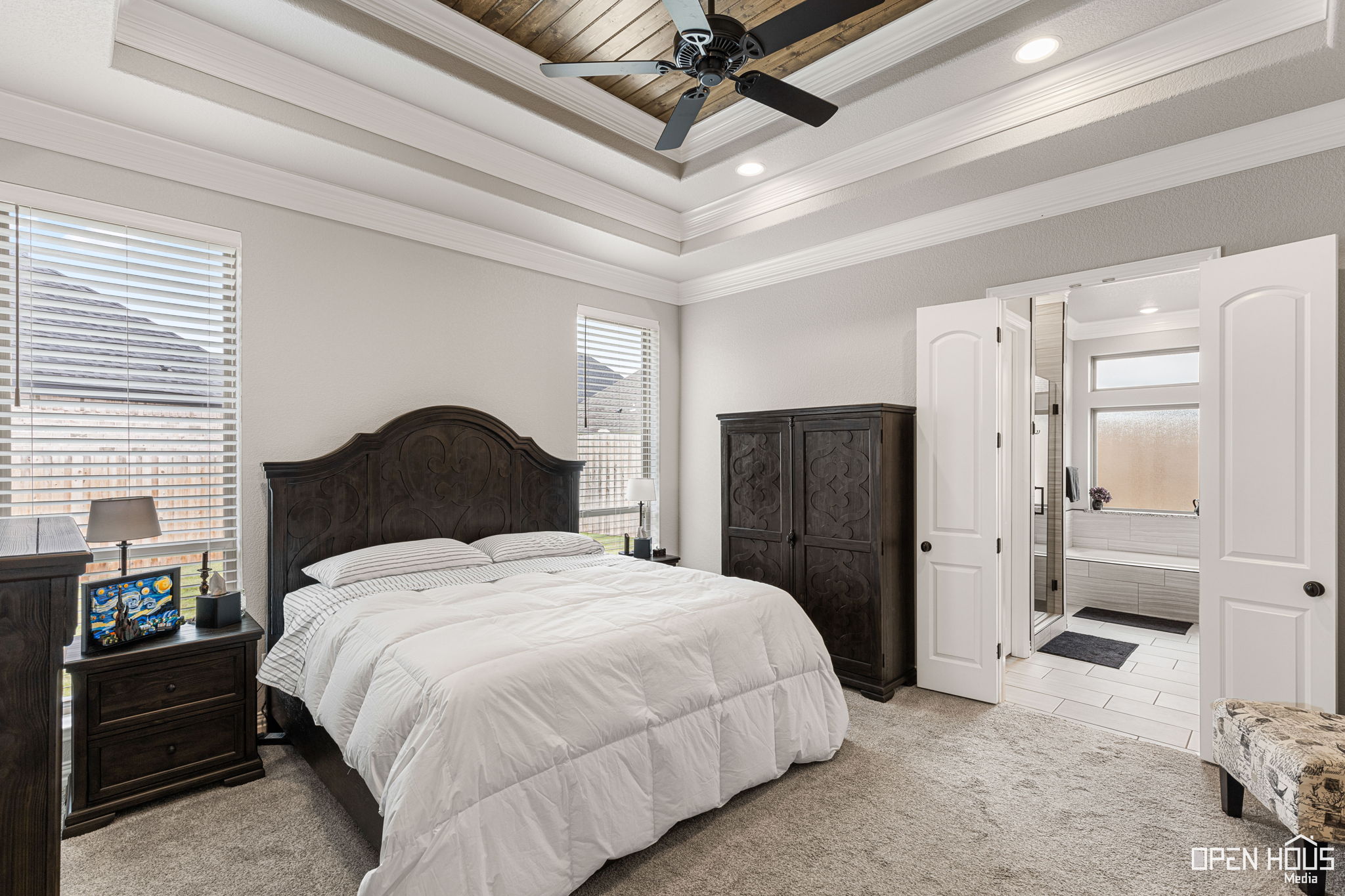 Staged bedroom with clean bedding